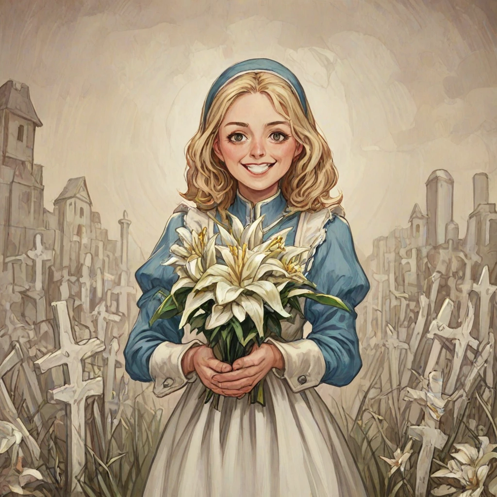 A masterpiece, boldly drawn anime-style illustrations, detailed drawings, humorous and crazy, cinematic lighting, a cemetery, Alice, the heroine of "Alice in Wonderland", visiting a grave, holding a bouquet of red spider lilies in both hands. An invincible smile, even the dead are delighted.