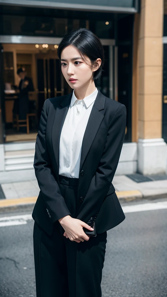 (Black suit jacket with white shirt and black trousers:1.4),Front view,Natural Lighting,high resolution,Realistic skin texture,2 beauty,Makeup is exquisite yet natural,Delicate facial features,Fair skin and beautiful appearance,Black eyes,Perfect face,Perfect body,Devil figure,Thin waist,Thin waist,Perfect composition,Short hair,bust,Street photography background。