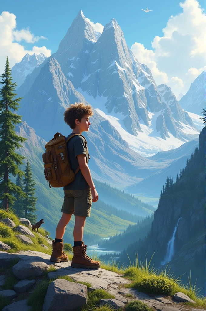 A  boy with mountain background 