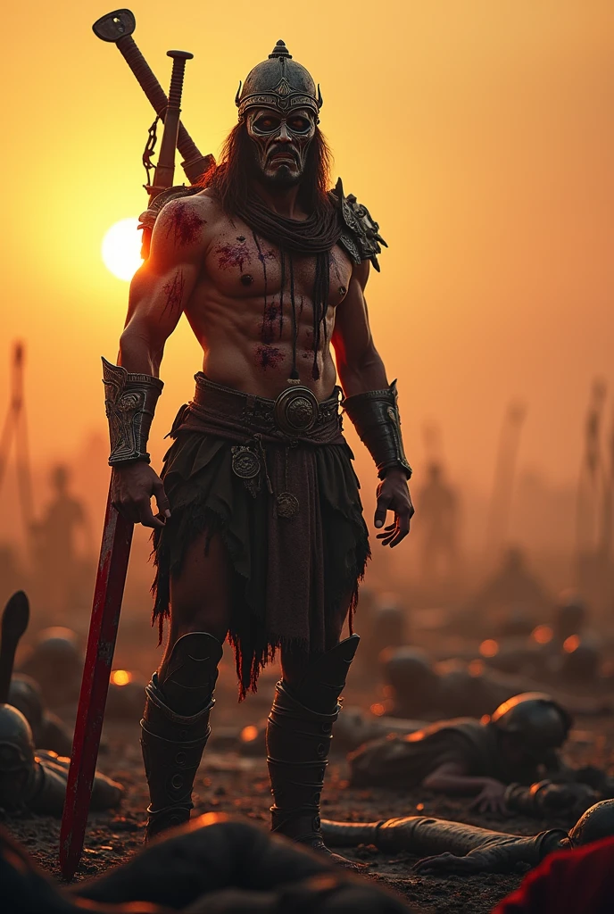 A ancient warrior of Mahabharat wearing a face mask, after winning a war coming out with multiple wounds on him with blood pouring out of his body and blood pouring out with guns and swords on his back with sun setting background 
He is the only one left in the battlefield of kurukshetra and has many Dead bodies in the background 