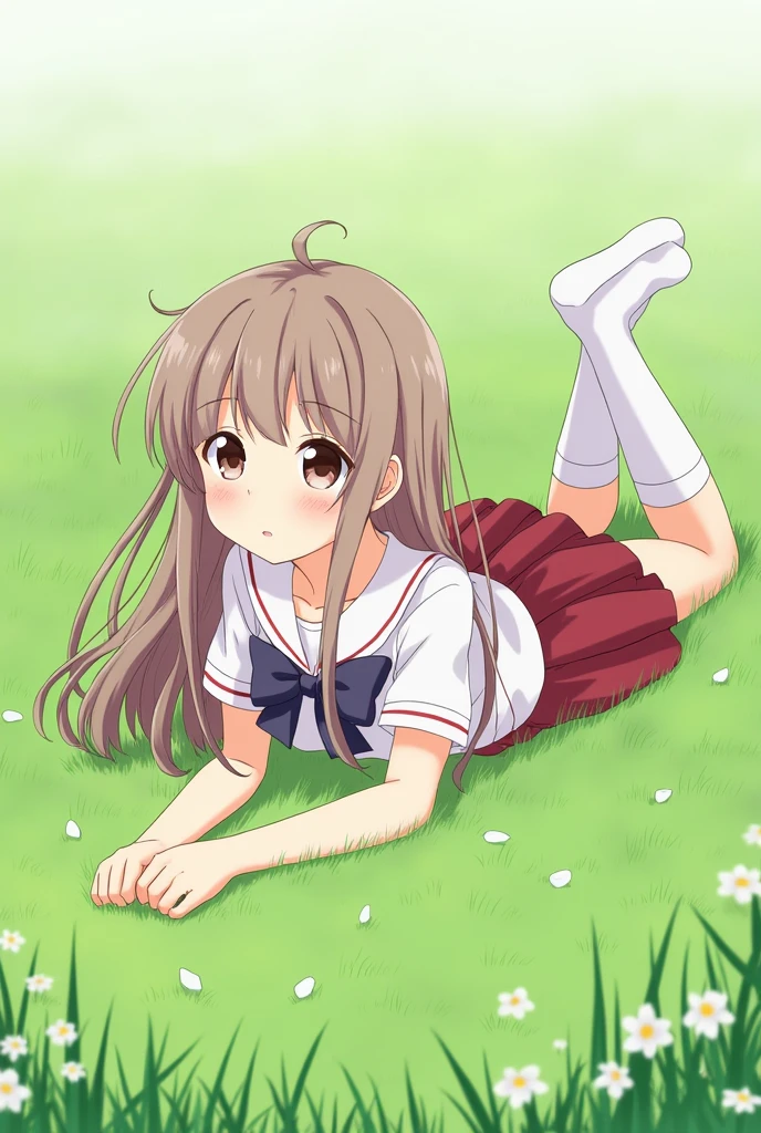 anime girl in school uniform lying on her stomach on grass
