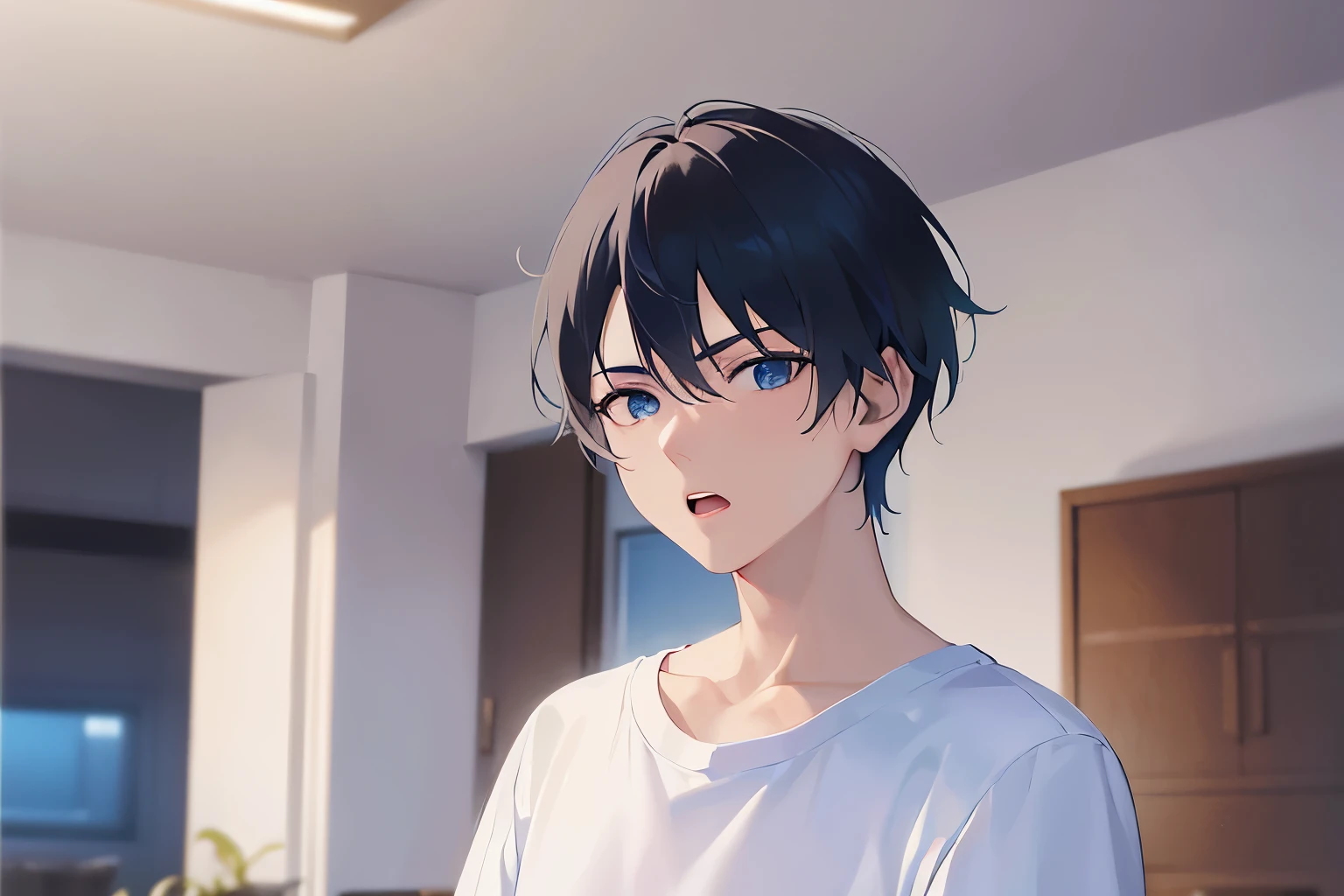 Close-up of your face、masterpiece、Highest quality、(2 male:1.5) and (Black short hair) and (blue eyes), (White T-shirt:1.3), Are standing、Serious expression, open mouth, The background is the living room at night、alone、