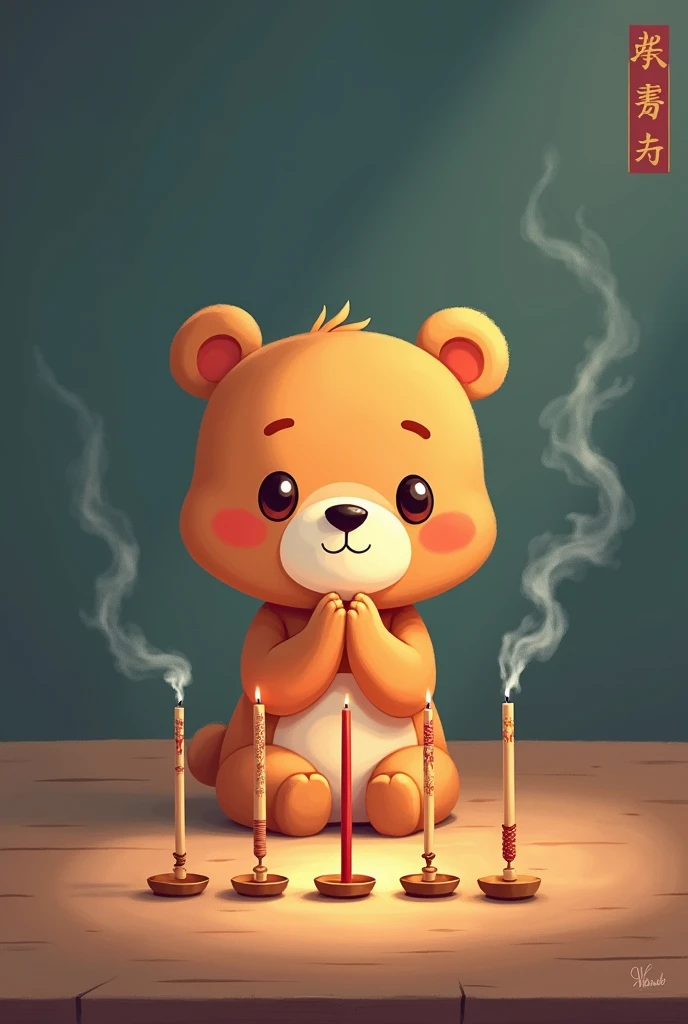 Chibi Bear kneels before 3 incense sticks