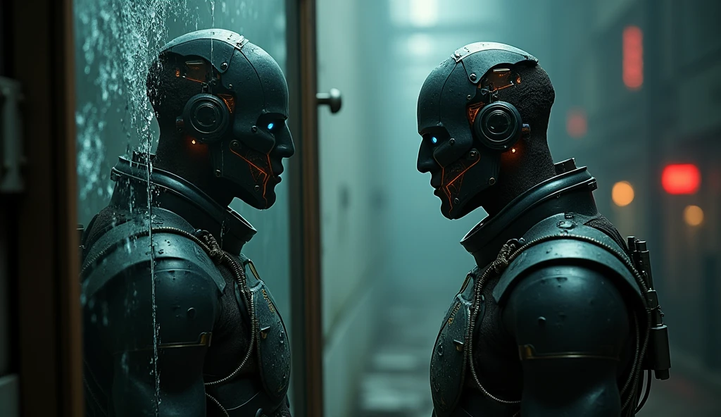 (Masterpiece.Uhd. Photorealistic. Analog photography) full body.a half-human, half-machine soldier, warrior armor. confronted with his own transformation, stares into a broken mirror, dramatic lighting, cyberpunk, dystopian, gritty, dark, moody, cinematic, 8k, detailed, hyperrealistic, high quality, masterpiece