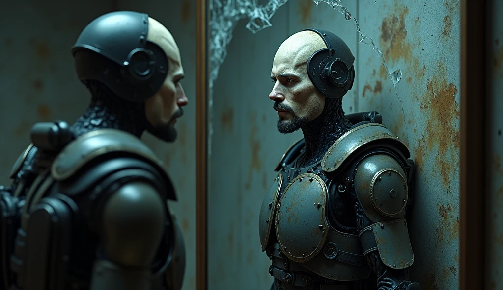 (Masterpiece.Uhd. Photorealistic. Analog photography) full body.a half-human, half-machine soldier, warrior armor. confronted with his own transformation, stares into a broken mirror, dramatic lighting, cyberpunk, dystopian, gritty, dark, moody, cinematic, 8k, detailed, hyperrealistic, high quality, masterpiece