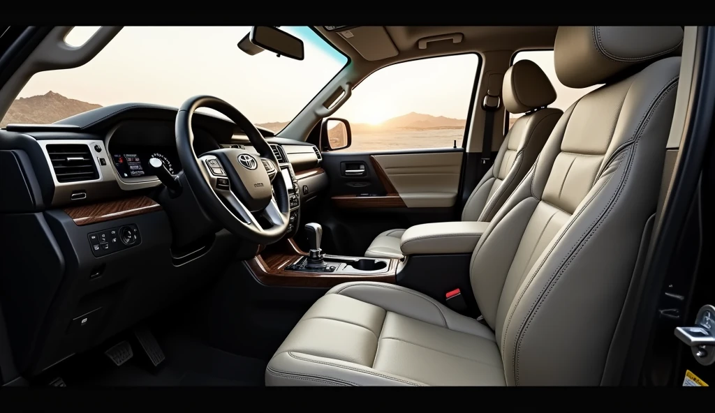 Interior: Give me an interior image of ( Toyota land cruiser pickup ) Cabin, dashboard, cabin and luxury seats.