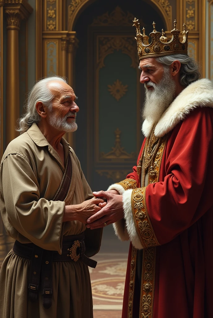 The king, impressed by the old man's humility, offers him a place in his court