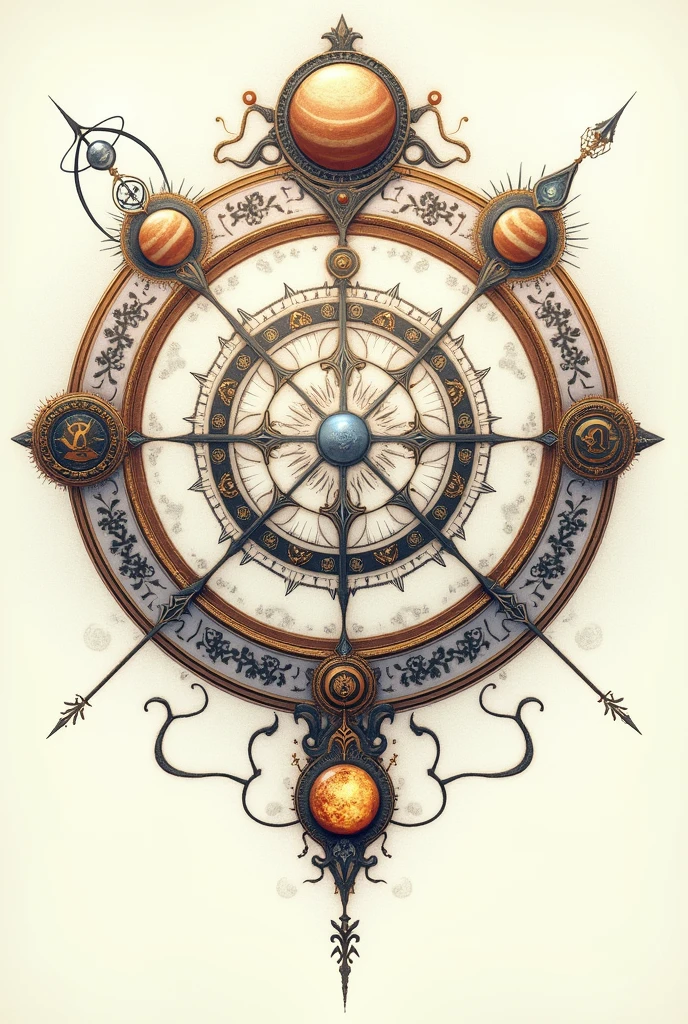 Create an image of a written sigil : prosperity.
The sigil must be within a circle.
Add the alchemical symbols of Jupiter ,Saturn , and venus on the line of the circle,forming a pyramid ,Jupiter representing the top of the pyramid,Saturn a leste , and venus to the west,forming a triangular pattern