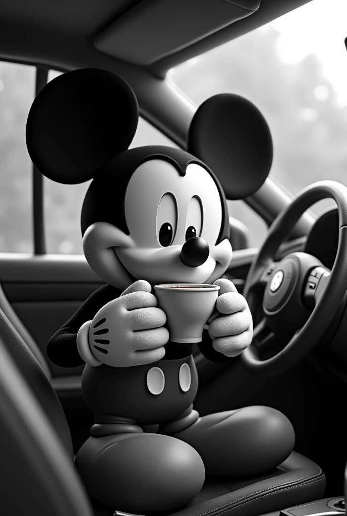 Draw Mickey picking up a coffee in his car in black and white