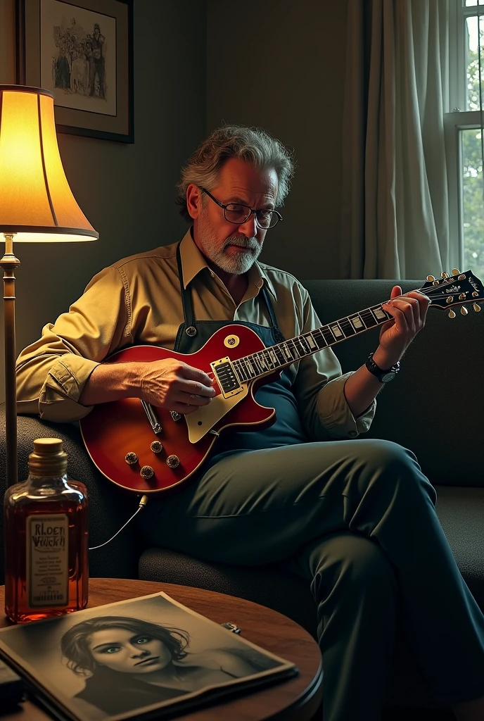 A 40 year old man sitting on the couch playing the blues with a Gibson Les Paul electric guitar and next to him are bottles of whiskey, on the table there is a picture of a beautiful woman with green eyes and on the table there is also a blues vinyl record