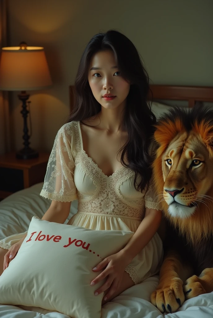 A Japanese woman wearing a lace T-shirt sitting on the bed, Holding a big pillow,It says "I love you" It says, She has a plump figure, But not naked,Looking at the audience, full-body shot, A lion sitting next to him,Movie Lighting, glow,