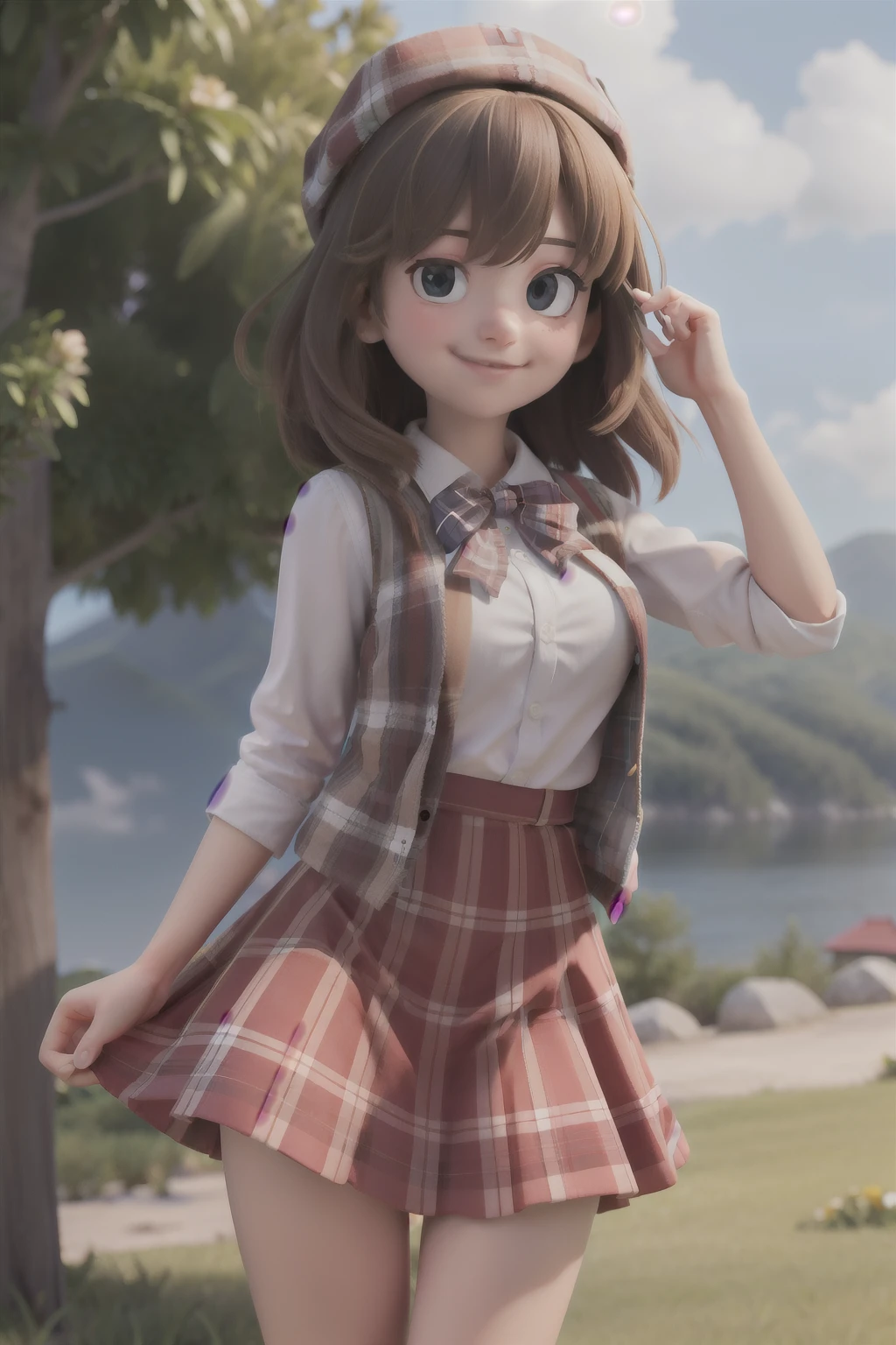 masterpiece, high quality best quality,1girl, bangs, beach, blue_sky, blush, bow, breasts, checkered, checkered_shirt, checkered_skirt, cloud, cloudy_sky, collarbone, day, envelope, giving, grass, hair_bow, heart, holding, holding_letter, horizon, incoming_gift, kazami_yuuka, leaning_forward, lens_flare, letter, light_rays, long_hair, looking_at_viewer, love_letter, mountain, mountainous_horizon, ocean, outdoors, plaid, plaid_background, plaid_bikini, plaid_bow, plaid_bowtie, plaid_bra, plaid_dress, plaid_headwear, plaid_jacket, plaid_legwear, plaid_necktie, plaid_neckwear, plaid_panties, plaid_pants, plaid_ribbon, plaid_scarf, plaid_shirt, plaid_skirt, plaid_vest, pov, shirt, skirt, sky, smile, solo, sun, sunbeam, sunlight, tree, unmoving_pattern