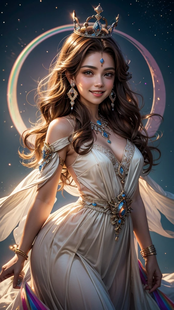 Background full moon, faintly shining angel, princess, crown, rainbow colored, spiritual beauty, positive, up, smiling, Brown Hair, Earrings, From chest to front