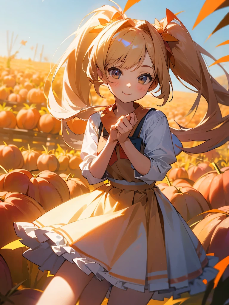 photorealistic,cute girl,frill shirt,frill skirt,smile,twintail,harvest season,autumn,peach