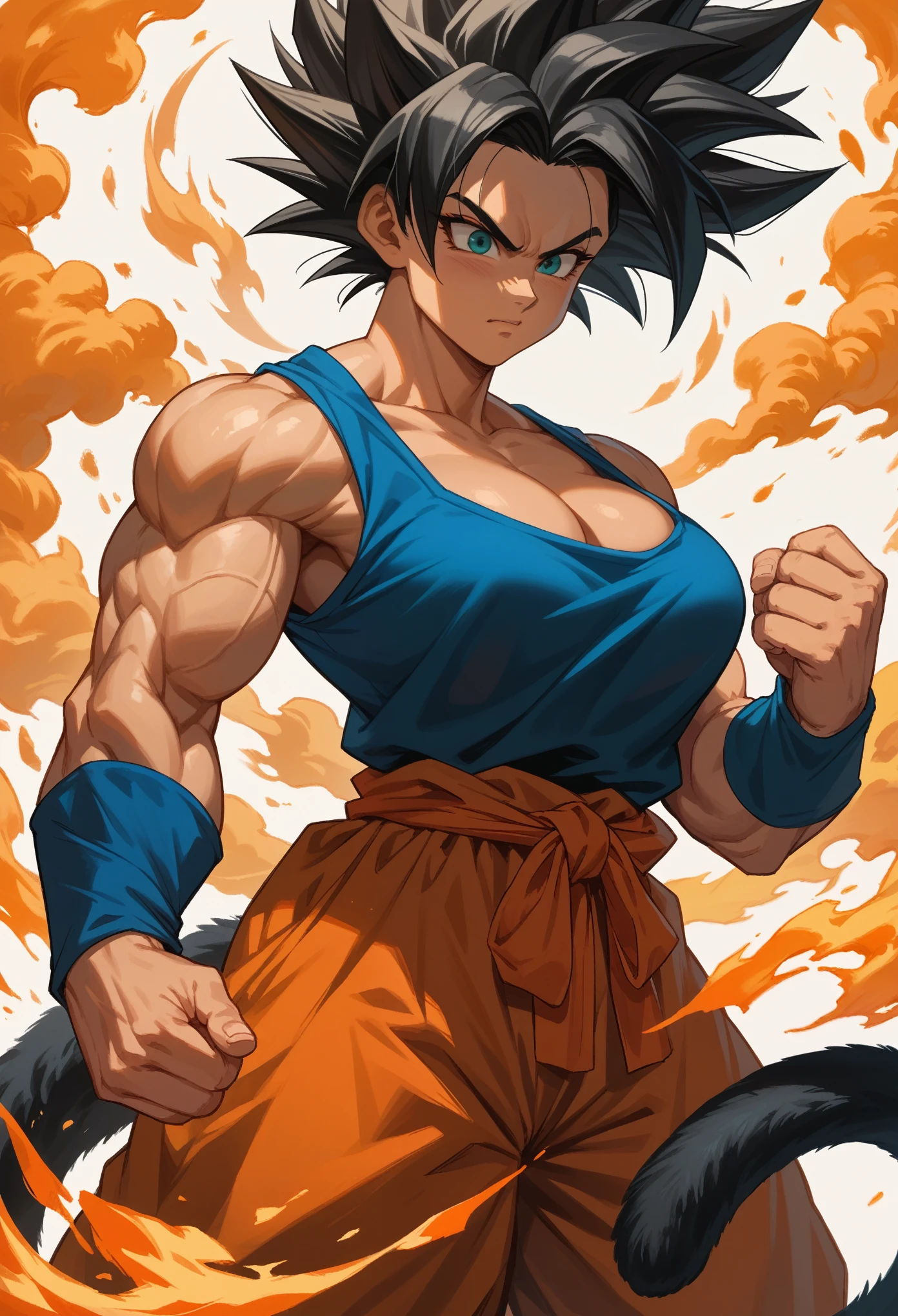 female, saiyan, tail, black hair, orange gi, large breasts, cleavage, baggy clothes, muscular, powering up, aura