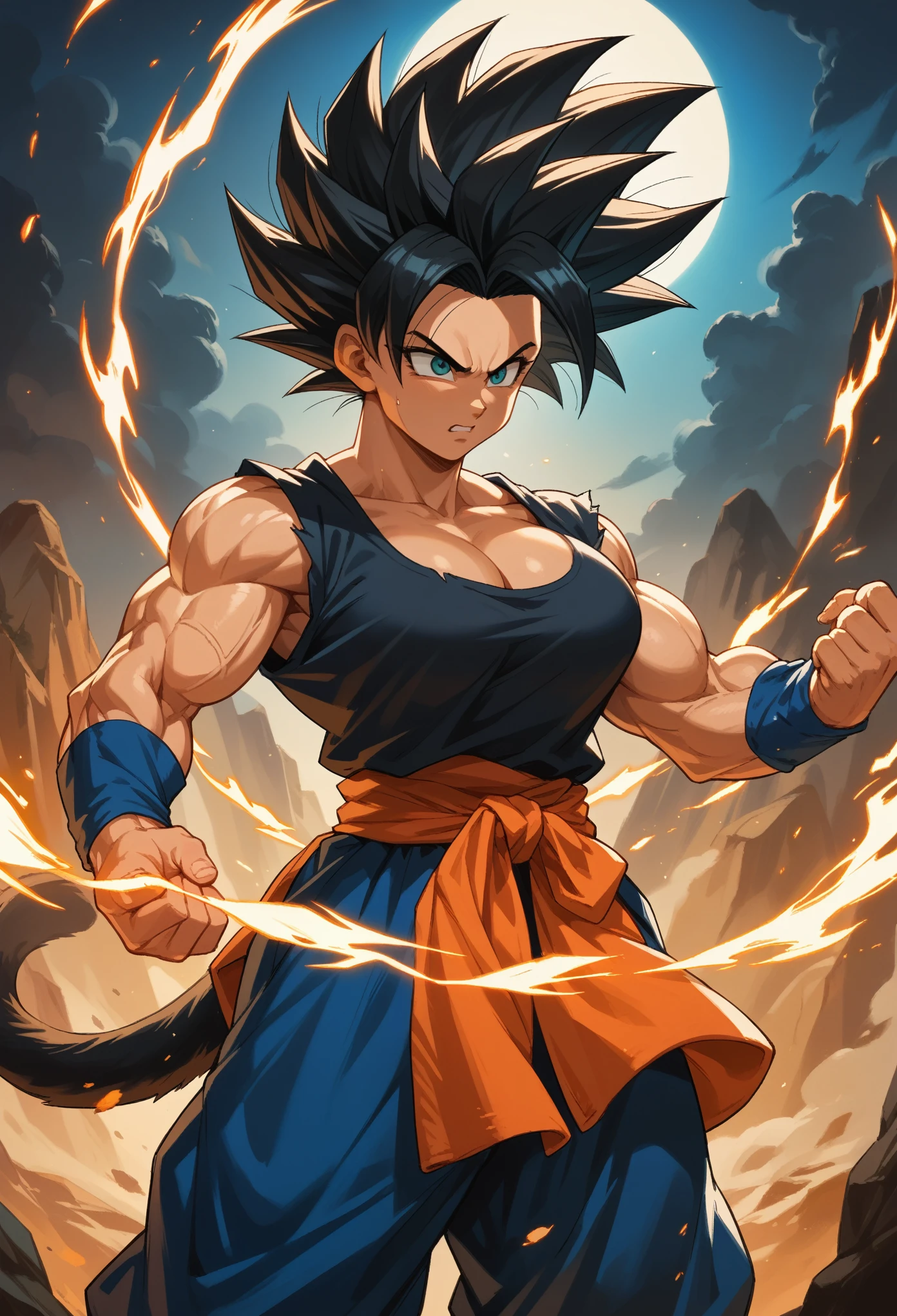 female, saiyan, tail, black hair, orange gi, large breasts, cleavage, baggy clothes, muscular, powering up, aura