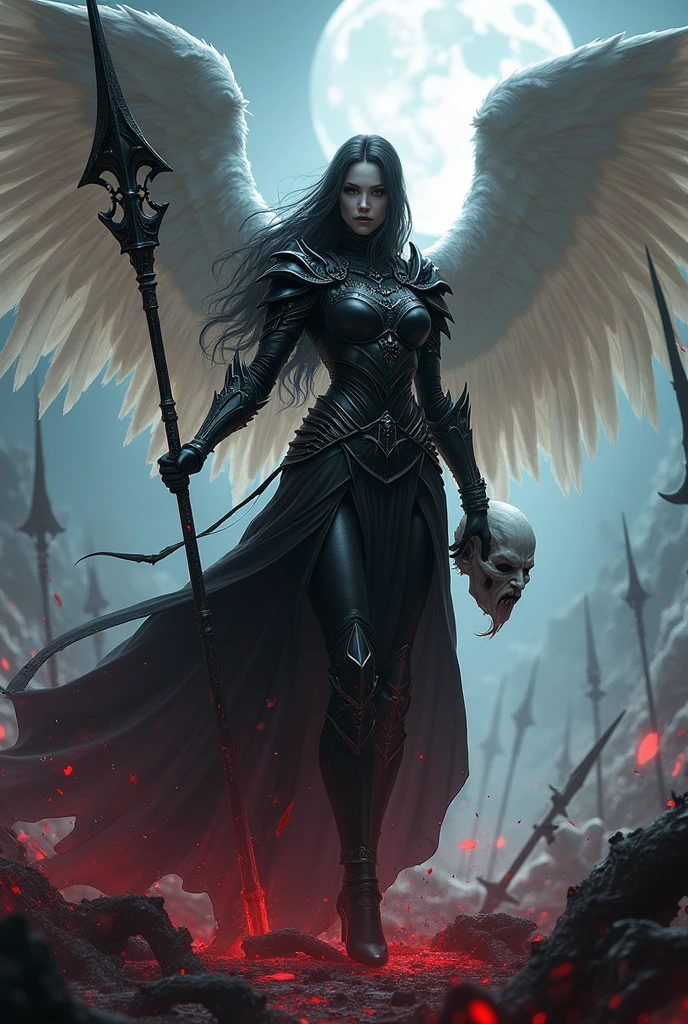 (pathfinder:1.2), fullheight, angel, sexy severe female. pale skin, beautiful face, black eyes, white wings, gothic black armor with sharp edges, no nude, very long ebony hair, holding huge glaive, on the battlefield, in fight, holding enemy head by the left hand, corpses and blood and death around her, at the dark night, pathfinder wrath of rightous style