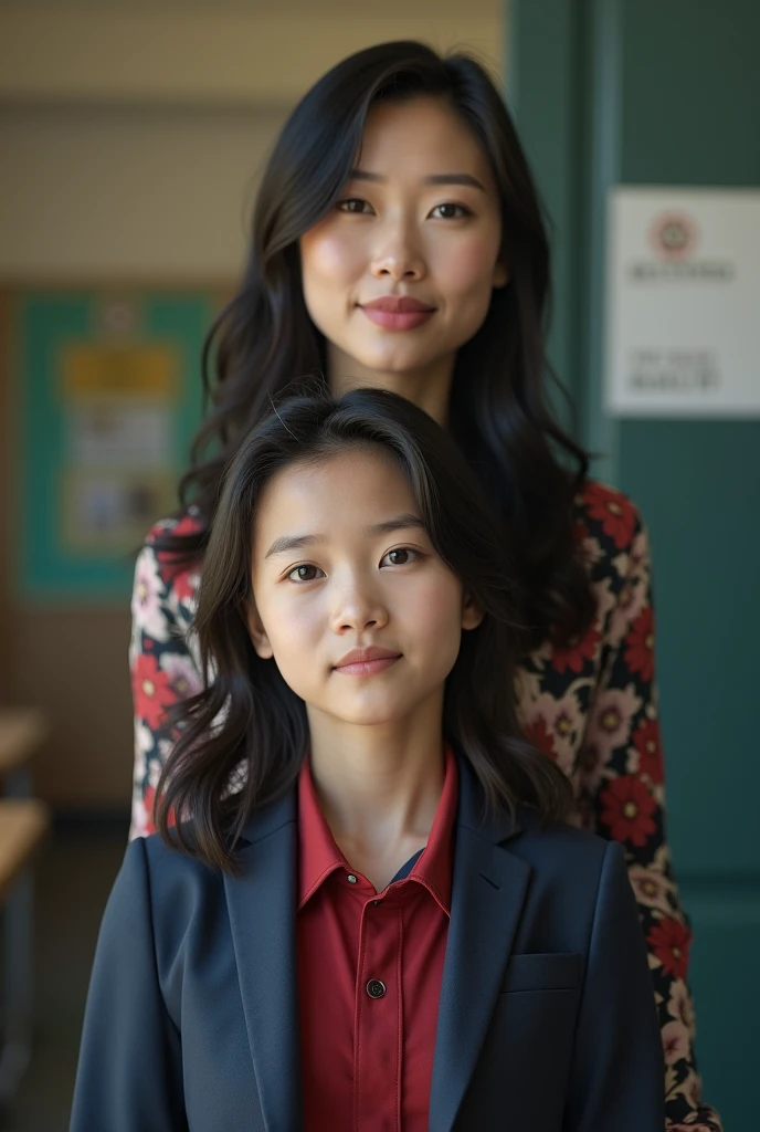 (8k, RAW photo, best quality, masterpiece:1.3),(realistic, photo-realistic:1.37),realistic skin texture,(photorealistic:1.3),(hyperrealistic:1.2.3.4), super sexy Asian milf and her young son at school parent meeting