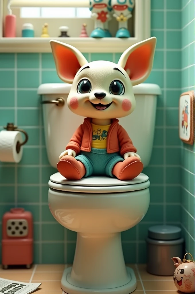 Toy sitting on toilet