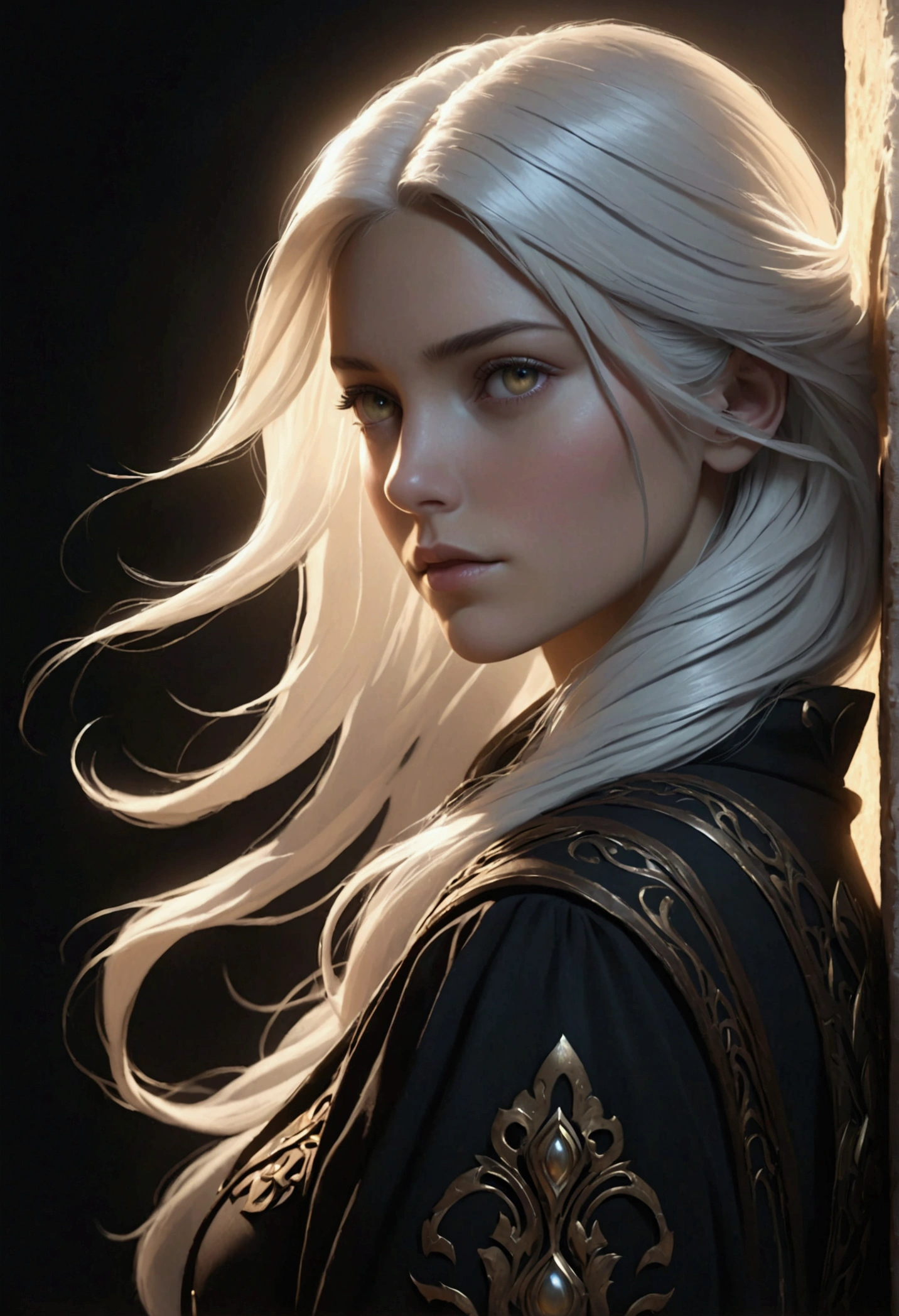 Surrealist portrait of a woman, fantasy art, photorealistic, dynamic lighting, ArtStation, poster, volumetric lighting, highly detailed face, 4K, award-winning, one girl, in darkness, deep shadows, subtle key, cowboy shot, long hair, white hair, a fusion of magic and song.