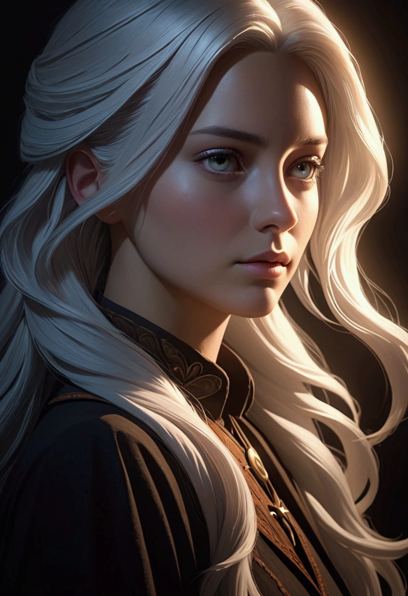 Surrealist portrait of a woman, fantasy art, photorealistic, dynamic lighting, ArtStation, poster, volumetric lighting, highly detailed face, 4K, award-winning, one girl, in darkness, deep shadows, subtle key, cowboy shot, long hair, white hair, a fusion of magic and song.