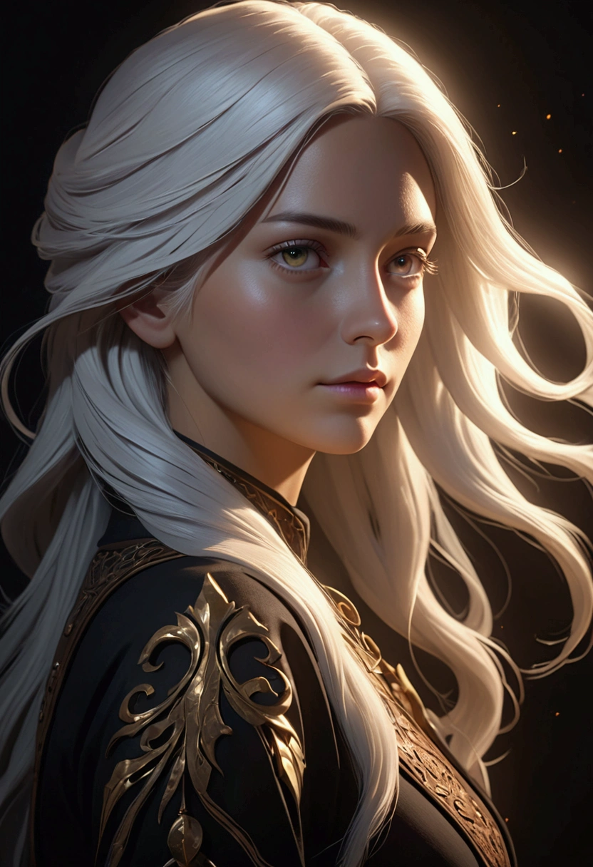 Surrealist portrait of a woman, fantasy art, photorealistic, dynamic lighting, ArtStation, poster, volumetric lighting, highly detailed face, 4K, award-winning, one girl, in darkness, deep shadows, subtle key, cowboy shot, long hair, white hair, a fusion of magic and song.