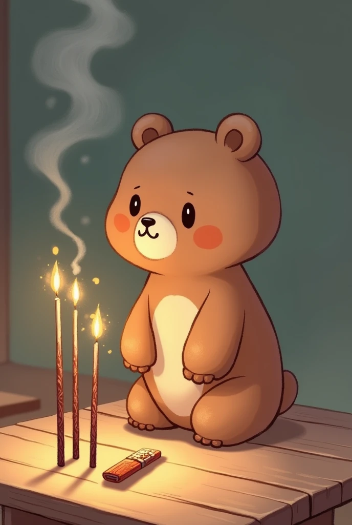 Chibi Bear kneels before 3 incense sticks