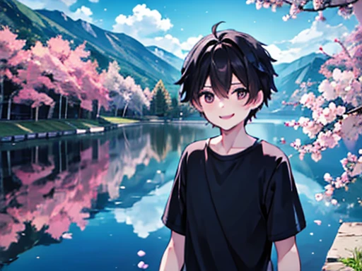 1 boy, Mountain, Black short hair, He is wearing a grey shirt, He is looking cherry blossoms, He smiles gently, lake