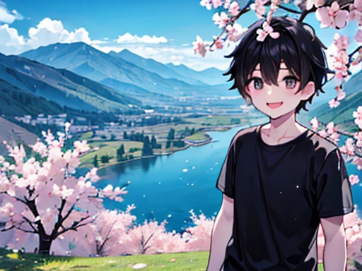 1 boy, Mountain, Black short hair, He is wearing a grey shirt, He is looking cherry blossoms, He smiles gently, lake