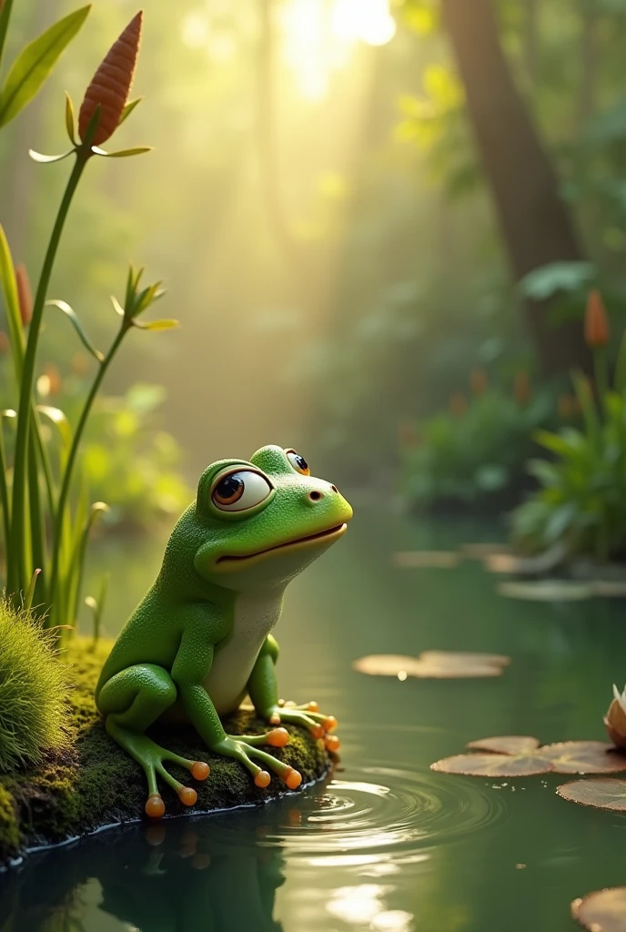Fynn, the little frog, perched on the edge of the pond, preparing to leap out of the water for the first time.
