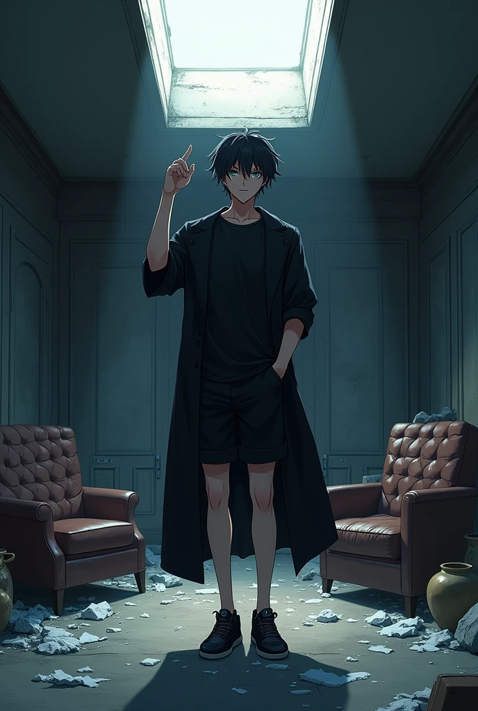 The image is anime style cowboy bebop and Darker than black with shadows and dim lights, anime style although somewhat adult and dark, It shows a single adult male aged 26., with black hair and black eyes, He is wearing a black t-shirt and black shorts, and long black windbreaker. He is pointing up with his finger. It is located in a luxurious destroyed room, There is furniture debris, pots and other things, as well as white debris everywhere, the light filters through a small skylight.