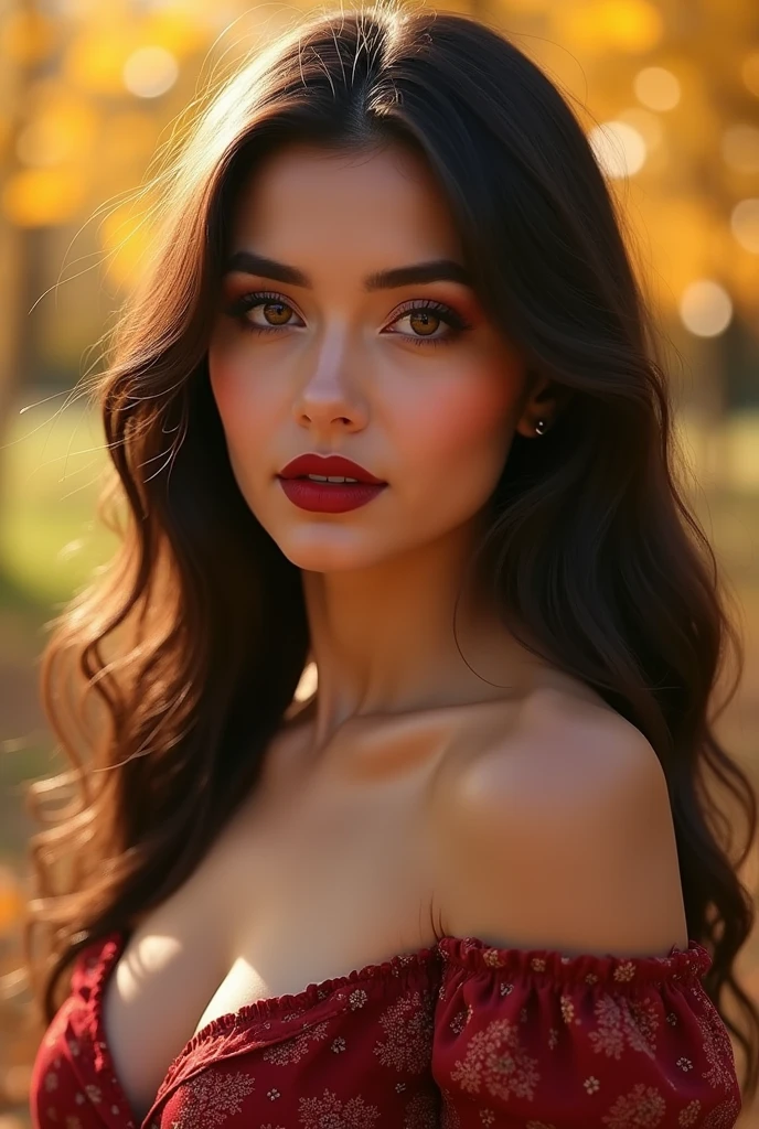 photo portrait of noor, wearing blue tip, outside on a sunny autumn day, looking at viewer, lense flare, (realistic eyes, symmetric face:0.8) (masterpiece:1.2) (photorealistic:1.2) (bokeh) (best quality) (detailed skin) (intricate) (8k) (HDR) (cinematic lighting) (sharp focus), big breast, big natural lips, dark red lips, sparkling day dreams eyes., 27 yo female noor
