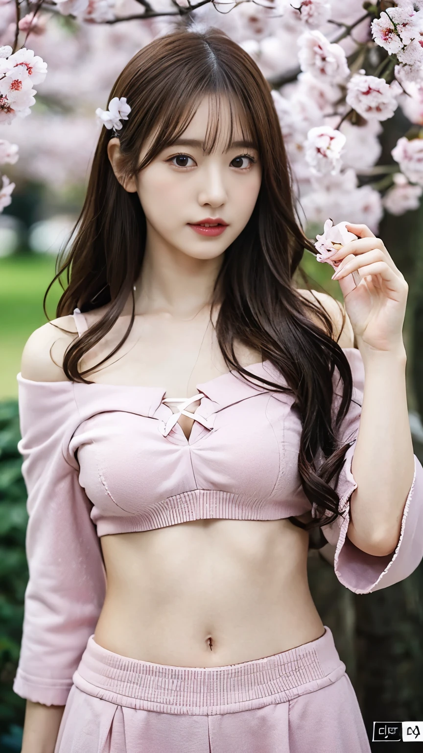 An Instagram post for a virtual idol named Sakura, featuring a consistent visual theme with AI gravure elements. The post includes a full-body view of a character with long black hair, dressed in a stylish off-shoulder top and skirt, showing a subtle amount of skin in an elegant manner. The character is posed in a slightly alluring yet classy way, emphasizing the gravure aspect while maintaining a tasteful look. The soft pink color palette dominates the scene, with sakura petals subtly scattered throughout the background. The text uses a rounded, handwritten-style font, with a small sakura flower icon in the corner. The overall tone is warm, inviting, and subtly seductive, balancing the gravure style with elegance.