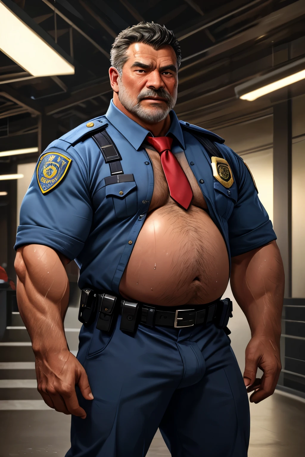 4k quality, solo, middle-aged male, Chinese man, China face, massive pec, strong muscles, big belly, black hair, police, wearing police suit, light blue shirt tucked into pants, tie,belt, heat, sweat stains, sweat all over, shame, grey gloomtache, ((erect)), (((raising the crotch))), massive pec, blush,drunk satisfied looking, standing, corridor, realistic, realistic lighting, intricate detail, photorealistic, highres, captured in a wide view by Tim Walker, 