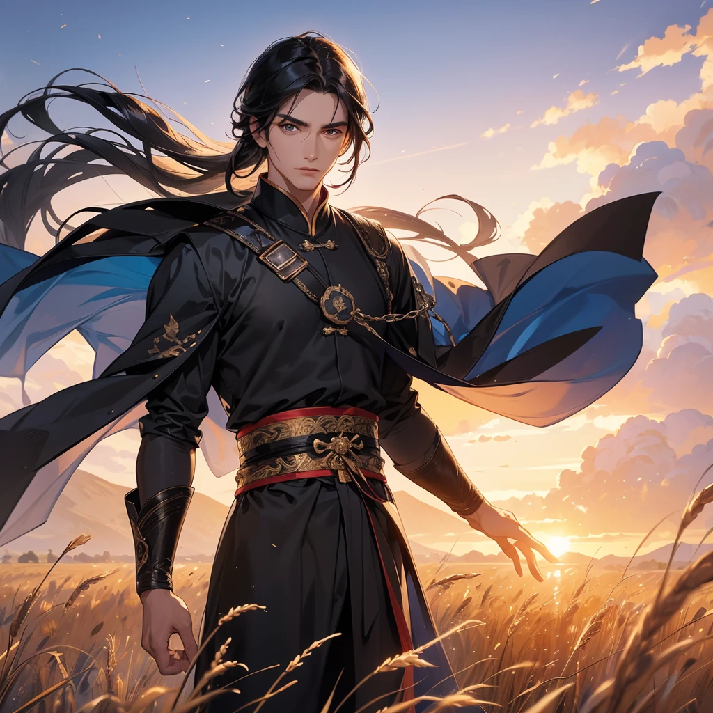 Handsome black-haired male general holding a large sword in black ancient Chinese costume, Standing in the middle of wheat field, sunset, close up.behind which are mountains, there are low clouds floating in the blue sky.