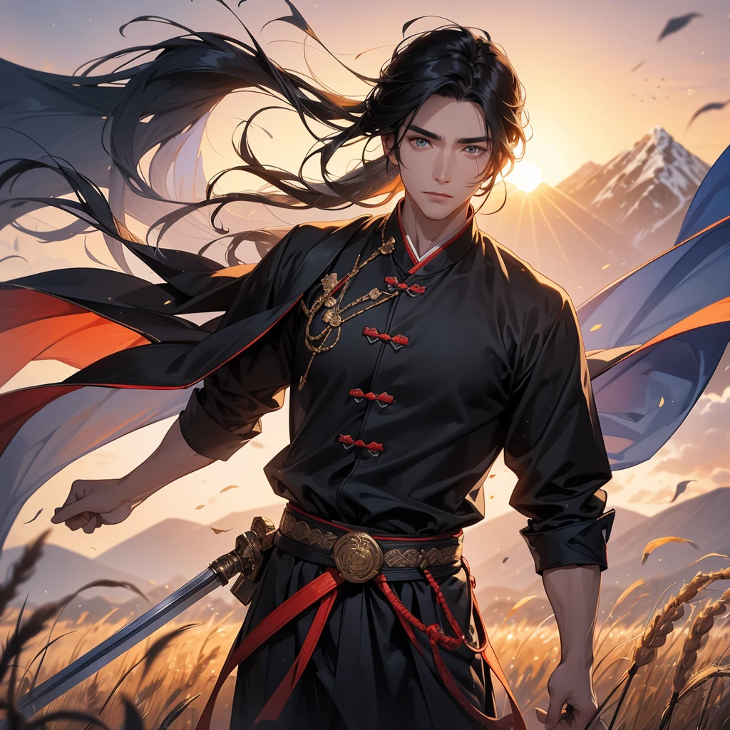 Handsome black-haired male general holding a large sword in black ancient Chinese costume, Standing in the middle of wheat field, sunset, close up.behind which are mountains, there are low clouds floating in the blue sky.