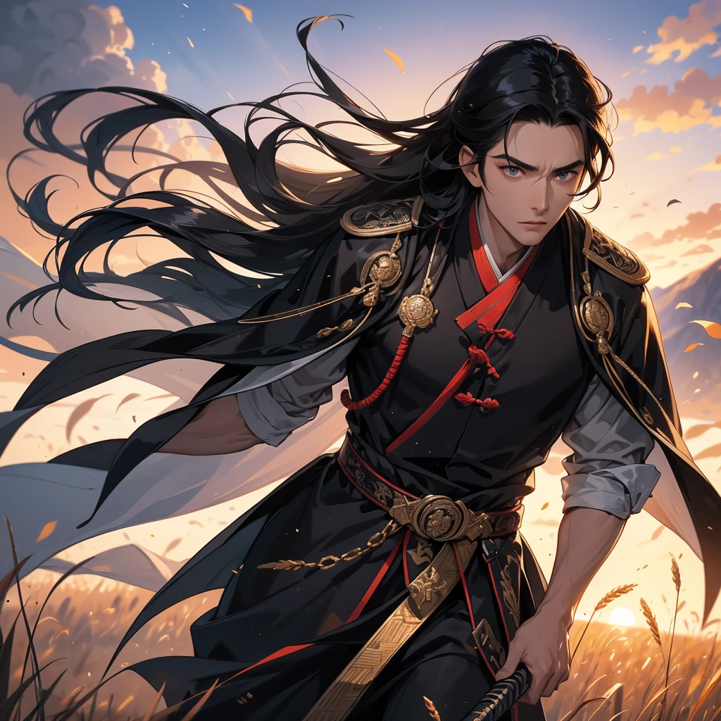 Handsome black-haired male general holding a large sword in black ancient Chinese costume, Standing in the middle of wheat field, sunset, close up.behind which are mountains, there are low clouds floating in the blue sky.