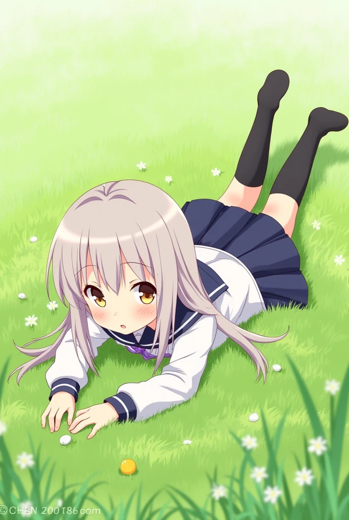 anime girl in school uniform lying on her stomach on grass