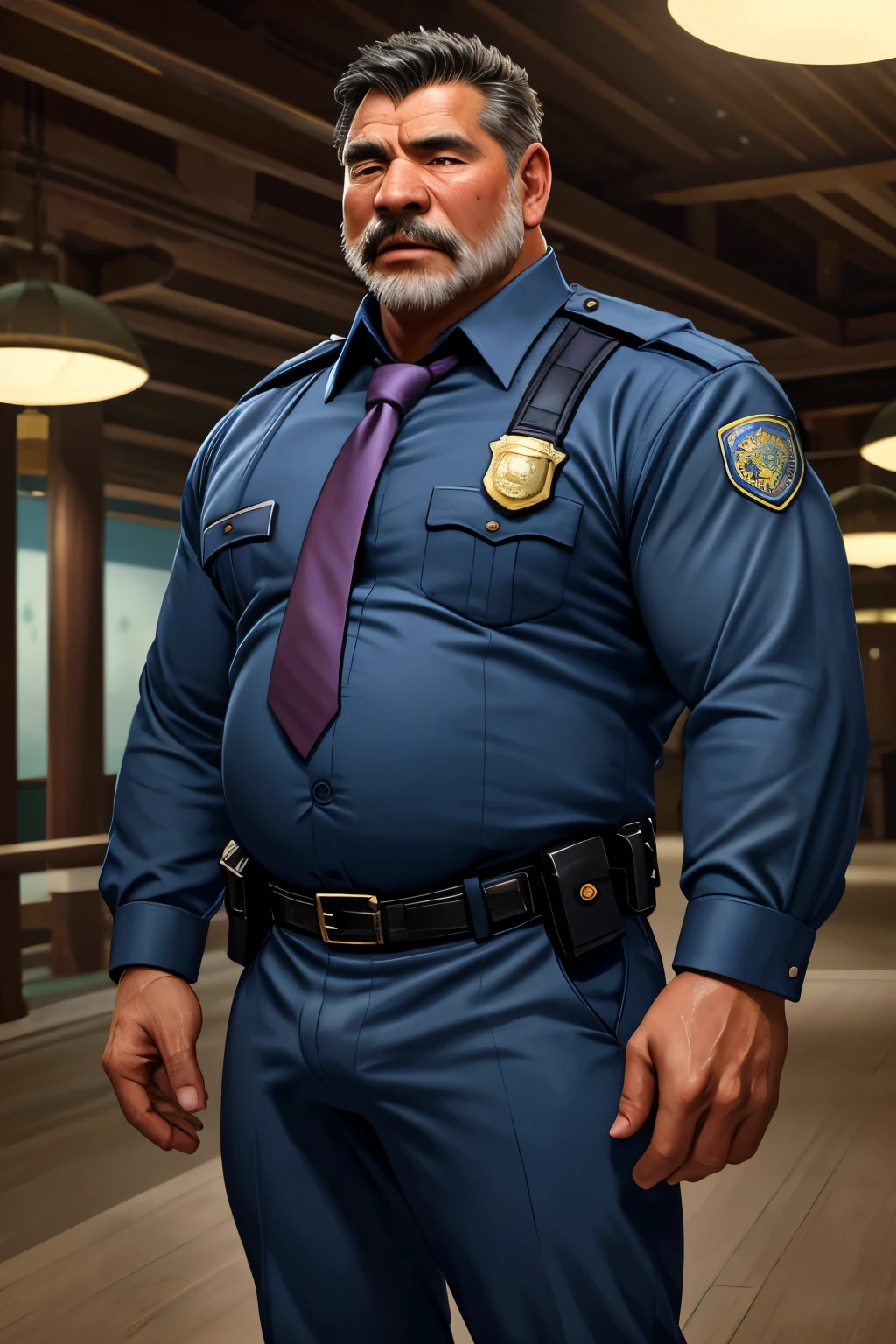 4k quality, solo, middle-aged male, Chinese man, China face, massive pec, strong muscles, big belly, black hair, police, wearing police suit, light blue shirt tucked into pants, tie,belt, heat, sweat stains, sweat all over, shame, grey gloomtache, ((erect)), (((raising the crotch))), massive pec, blush,drunk satisfied looking, standing, corridor, realistic, realistic lighting, intricate detail, photorealistic, highres, captured in a wide view by Tim Walker, 