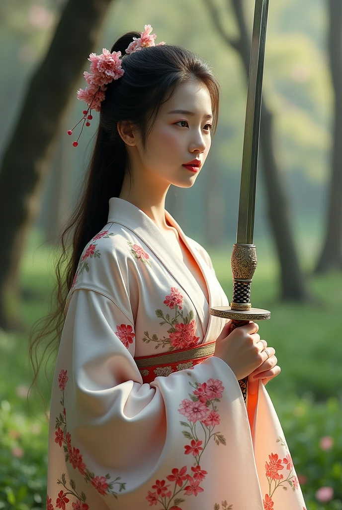 
creates a realistic image, a beautiful Asian woman with long flowing hair wearing a long-sleeved Japanese dress with detailed images of yaezakura flowers in certain parts of each piece of the dress, the part of the dress looks complicated but very elegant, the dress is white with the top of the neck of the dress black and the cuffs are white with a mix of colors, the dress is very complicated but cool, the dress is captivating with its beauty, so enchanting with real beauty, very realistic, holding a long katana sword with intricate and beautiful details on each blade, holding it with both hands hand and holding it to the side, the background of a peaceful forest in spring in Japan, realistic, cinematic, photographic