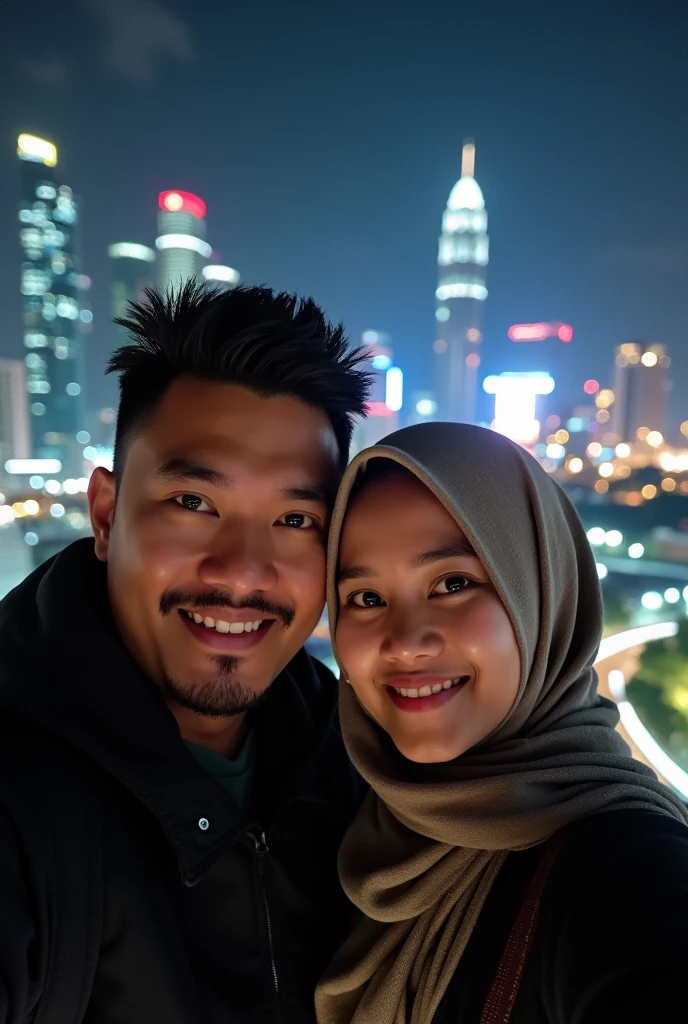 A 40 year old Indonesian man with short hair is taking a selfie with a woman wearing a hijab, half body photo with a city view in the background at night. UHD 16K super focus realistic original photo