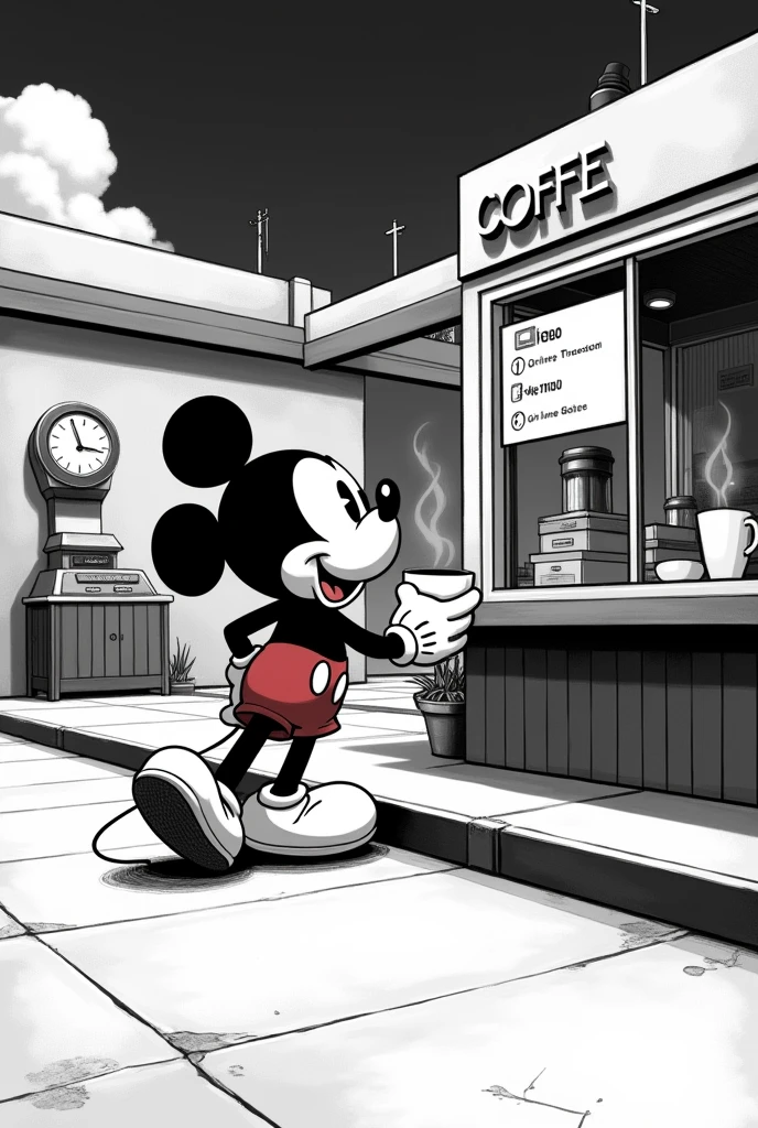 Draw Mickey picking up a coffee from a coffee shop with a black and white drive-through 