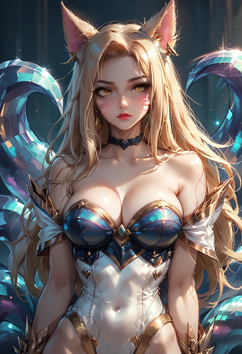 k/da_ahri, 1girl, ahri (league of legends), breasts, animal ears, blonde hair, solo, fox ears, k/da (league of legends), long hair, cleavage, tail, whisker markings, looking at viewer, facial mark, choker, large breasts, bare shoulders, fox tail, jewelry, yellow eyes, upper body, multiple tails, bangs, shiny, collarbone, covered navel, earrings