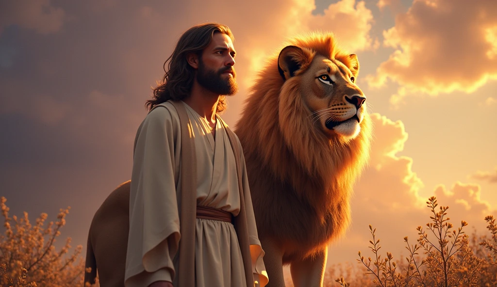 En el centro de la imagen, Jesus is portrayed with a serene and powerful expression, wearing a simple tunic, with soft light illuminating your face, highlighting your kindness and compassion. Next to you, The Lion of Judah, majestic and imposing, displays a strong and protective posture, with his mane shining in golden and orange tones.
The background of the image can be a sky at dusk, with clouds in shades of purple and orange, symbolizing the transition between day and night, a moment of hope and renewal.
Add subtle elements, SOM flores ou oliveiras, that symbolize peace and life. For a finishing touch, include an inspirational quote at the bottom, that captures the spirit of the image, SOM "A força dThe Lion of Judah e a luz de Cristo nos guiam."
This visual composition will not only be impactful, but will also convey a powerful message of faith and protection, perfect for a poster.