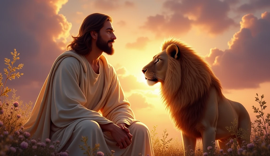 En el centro de la imagen, Jesus is portrayed with a serene and powerful expression, wearing a simple tunic, with soft light illuminating your face, highlighting your kindness and compassion. Next to you, The Lion of Judah, majestic and imposing, displays a strong and protective posture, with his mane shining in golden and orange tones.
The background of the image can be a sky at dusk, with clouds in shades of purple and orange, symbolizing the transition between day and night, a moment of hope and renewal.
Add subtle elements, SOM flores ou oliveiras, that symbolize peace and life. For a finishing touch, include an inspirational quote at the bottom, that captures the spirit of the image, SOM "A força dThe Lion of Judah e a luz de Cristo nos guiam."
This visual composition will not only be impactful, but will also convey a powerful message of faith and protection, perfect for a poster.