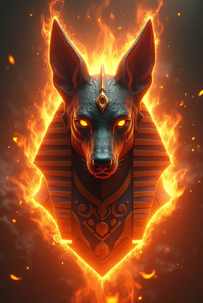 ((best qualityer)), ((work of art)), (detailded), epic gamer style image , 1 anubis on fire , estilo dragao. Anubis must have a bust image,  because it will be used for the brand logo, Anubia&#39;s vision has to be frontal. Insert the anubis symbol together
