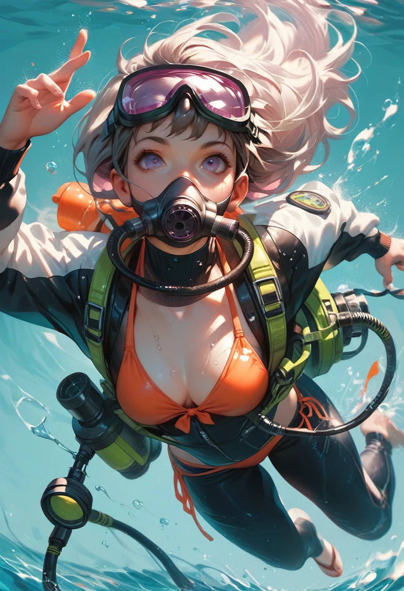 scubagea, diving mask, bikini, diving goggles, scuba tank, action pose, best quality, masterpiece, 5 fingers, 1girl, swimming