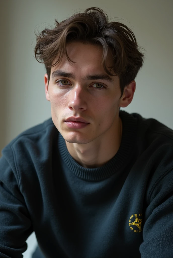 Shot of a young man thinking in front of the camera with his Stone Island sweater visible