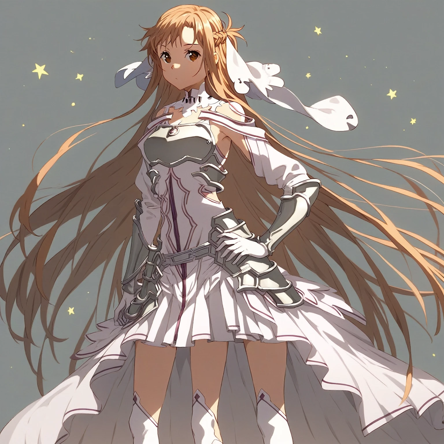 score_9,score_8_superior,score_7,sauce_anime,
One girl,
Simple Background,
Asuna \(star\),White knee socks,Brown Hair,Brown eyes,armor,dress,gloves,
Put your hands on your hips,
Are standing,