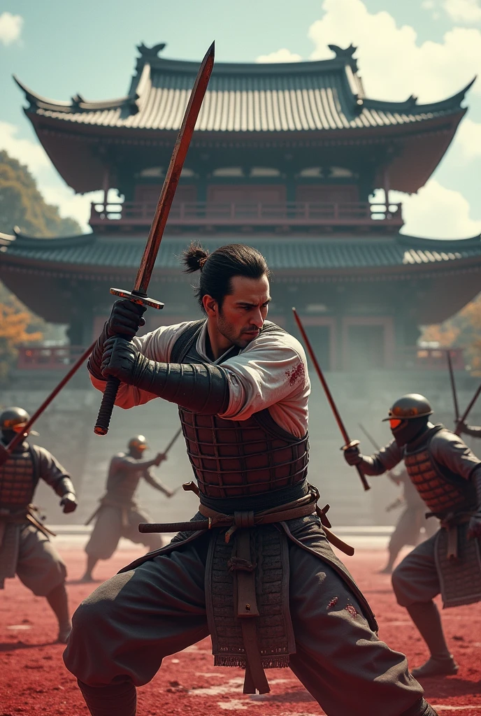 A brunette man with stylish fade hairstylewith katana sword blood on his body and face, fight with 4-5 enemy front of samurai temple